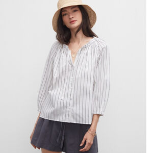 Club Monaco Striped White Blouse TIE NECK SCULPT SLEEVE top STRIPE